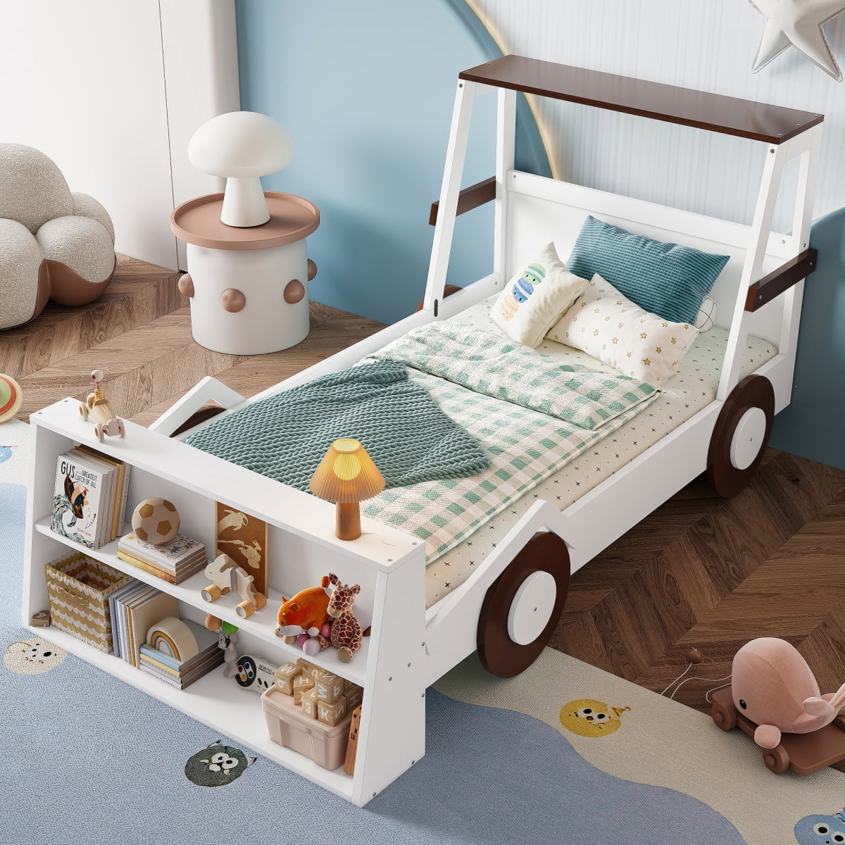 Twin Size Car Bed with Storage Shelves, Platform Bed with Cute Car-shape, Childlike Design, Brown & White