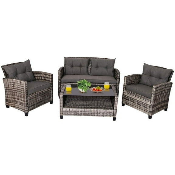 Aimee Lii 4 Pieces Wicker Patio Furniture Set, Coffee Table Cushioned Sofa, Modern Patio Furniture, Gray