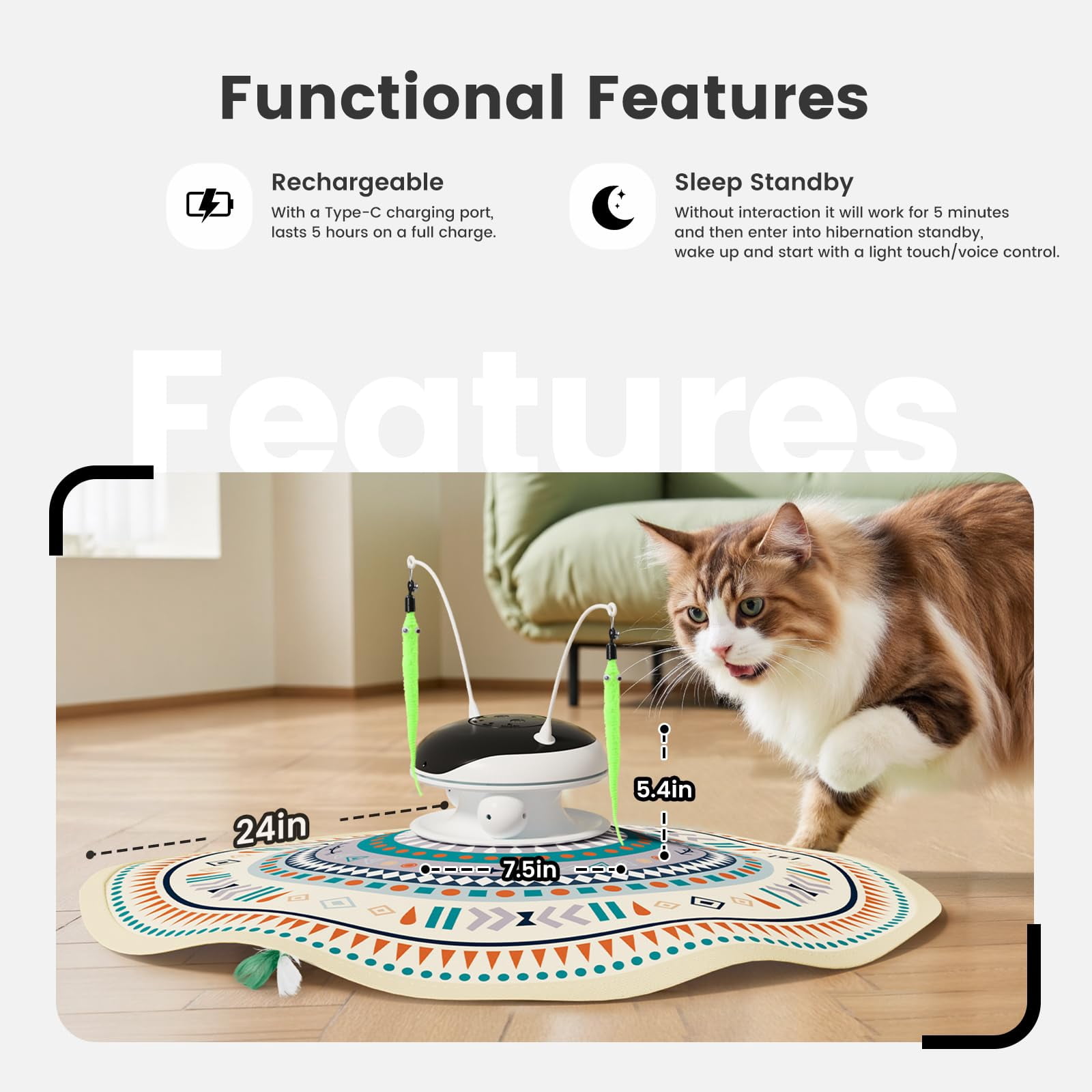 Cat Toys Chargeable 5in1 And Seek Automatic Interactive  Chirping Moving Ambush Track Balls Indoor Exercise Kicker 24 Inch Cover For All Breeds Boho Style - Beige