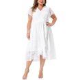 thumbnail image 2 of Agnes Orinda Women's Plus Size Floral Lace Dresses Double Layered Faux Wrap V Neck Short Sleeve Flowy Cocktail Midi A Line Dress 1X Raw white, 2 of 5