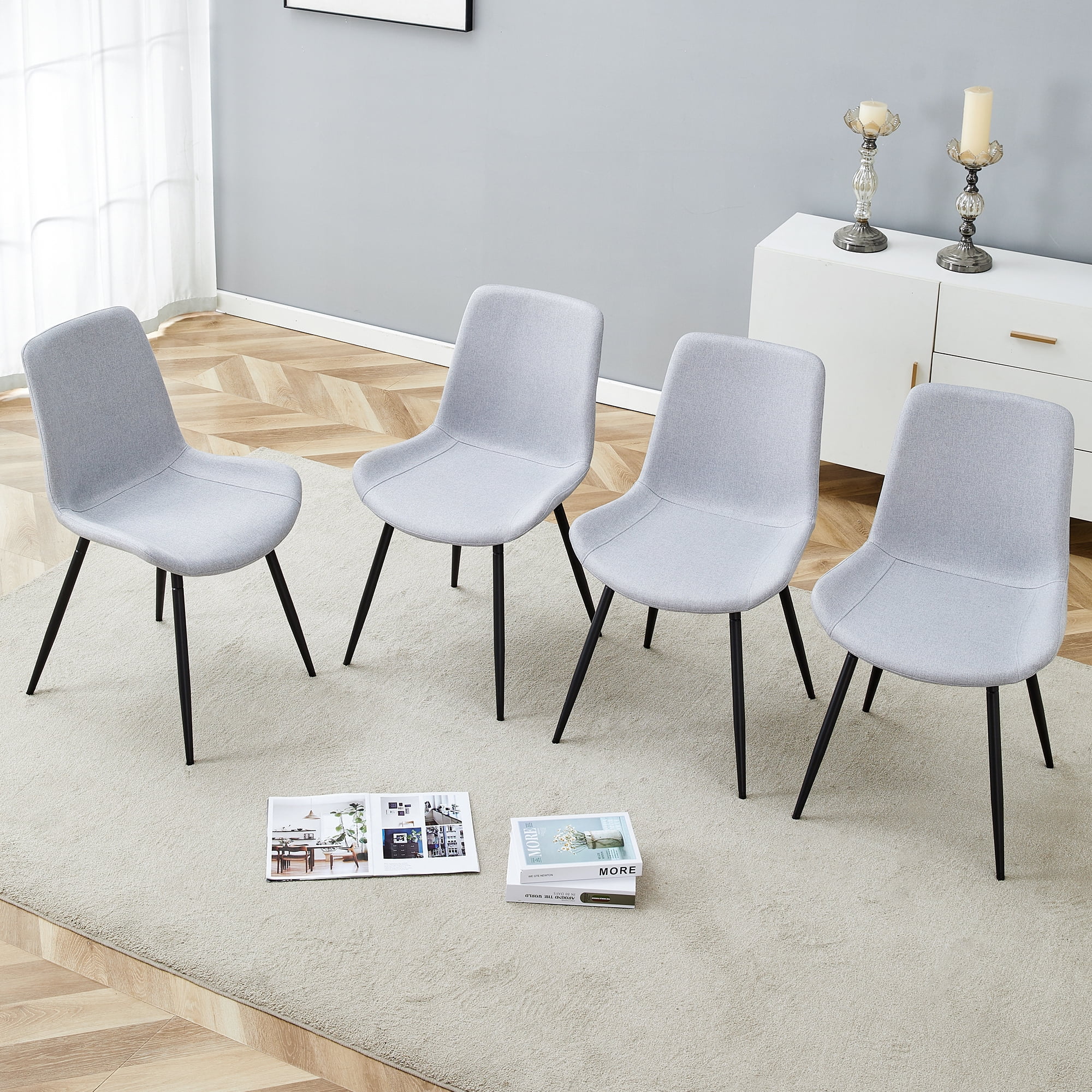 TesNus Light Grey Linen-Cotton Dining Chairs Set of 4, Upholstered Modern Seat with Black Metal Legs for Dining Room Kitchen