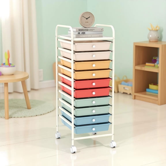 Barara King File Cabinet, Filing Cabinet Organizer,10 Drawer Rolling Storage Cart Organizer with 4 Universal Casters-Macaron Multicolor