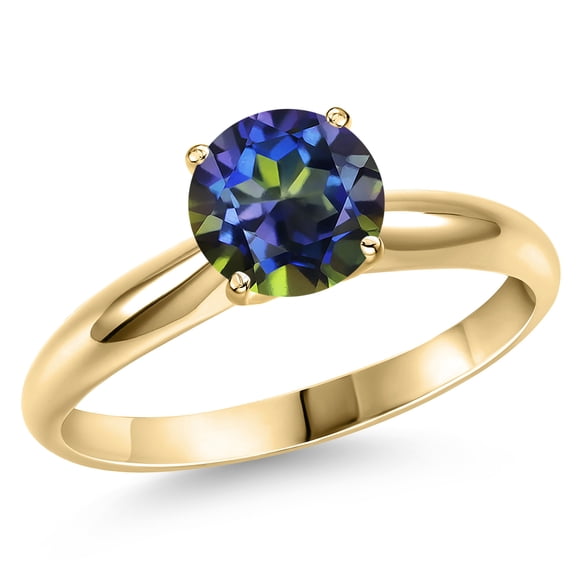 Gem Stone King 14K Yellow Gold Blue Mystic Topaz Engagement Ring for Women | 2.00 Cttw | Round 8MM | Gemstone November Birthstone | Size 8