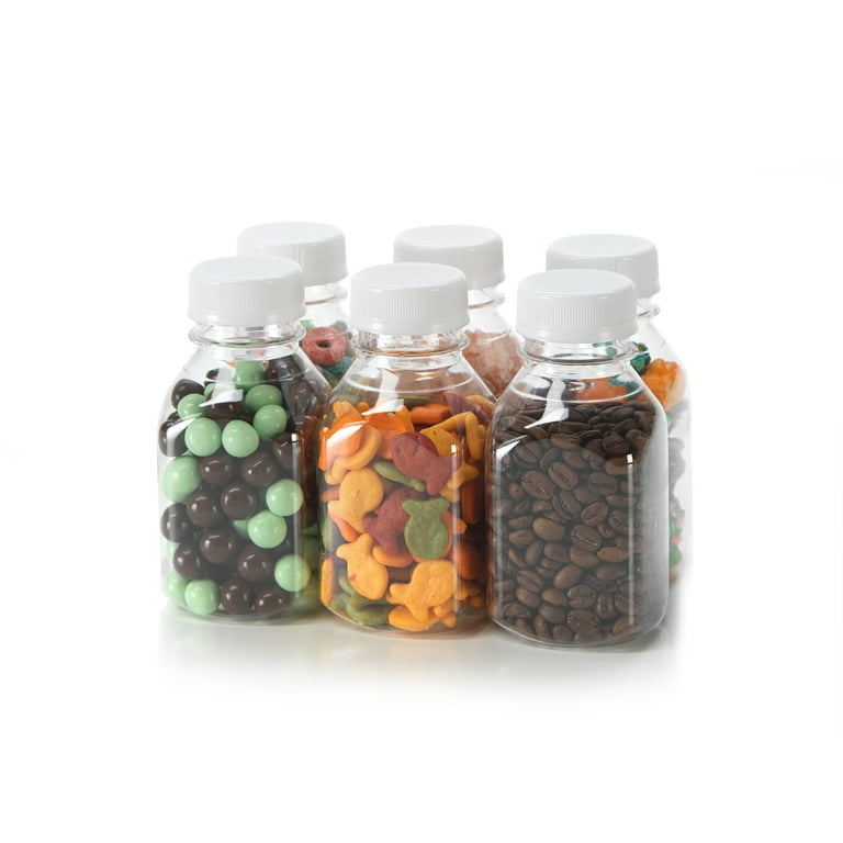 (6) 8 oz. Clear Food Grade Plastic Juice Bottles 8 oz. with Caps (6/pack)  (8 oz., White Lids)