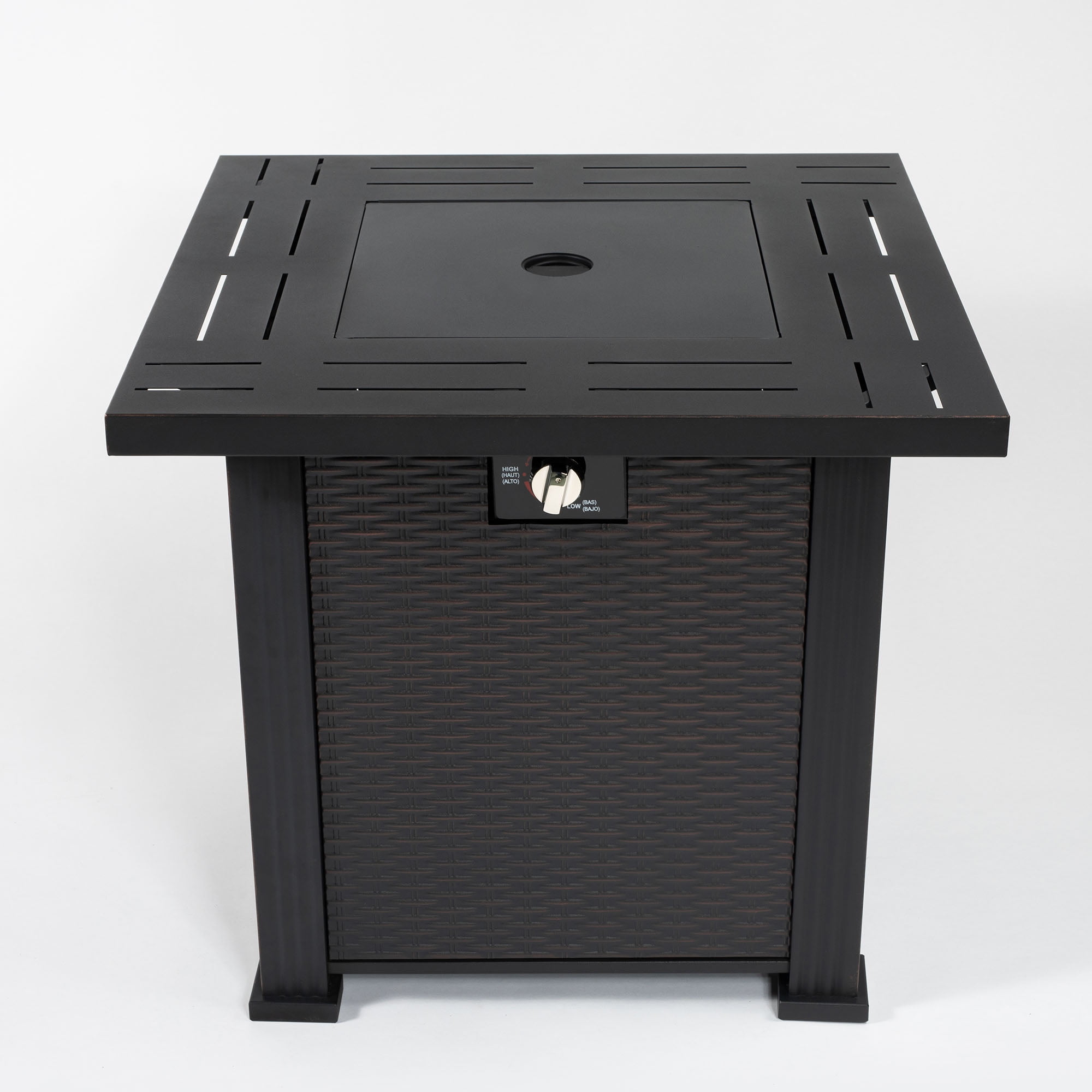 TrumanPick 28" Propane Gas Fire Pit Table 50,000 BTU Square Steel Gas Fire Pit with Beautiful Wicker Base for Outdoor Patio Deck Garden Backyard-Black