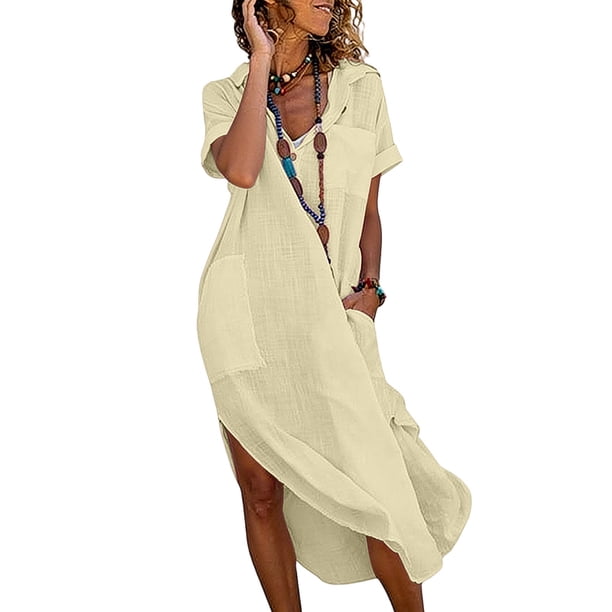 Vestido de Verano Casual de las Mujeres de Color Sólido de Lino Cuello de Vuelta sin Mangas Botón Vestido, Chaquetas de Vestido de Verano para las Mujeres Pieza de Capa Ligera, Uso Diario Suave Trans