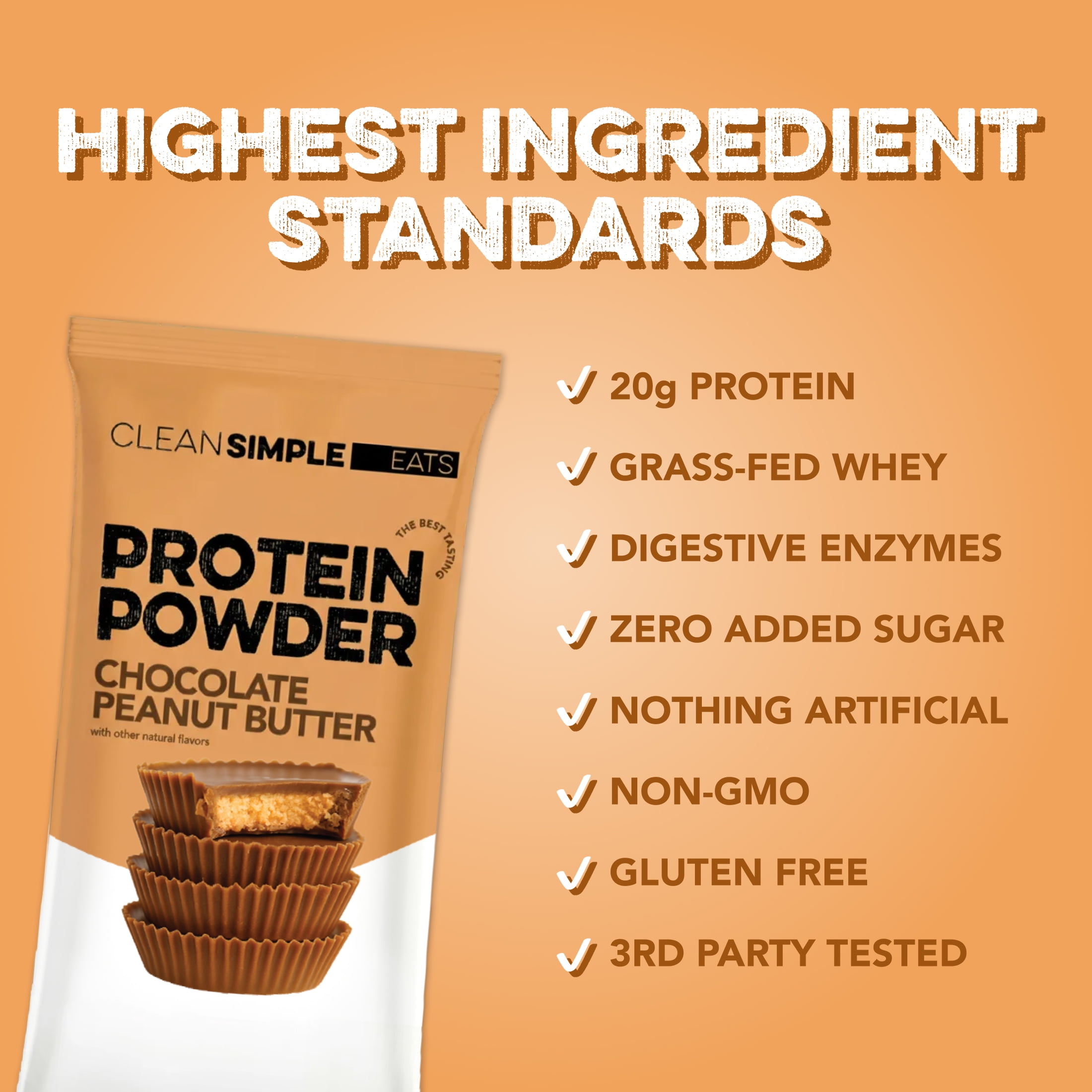 Clean Simple Eats Whey Protein Powder, Chocolate Peanut Butter, Gluten Free, Zero Added Sugars, No Artificial Ingredients, 20g Protein, 10 Count