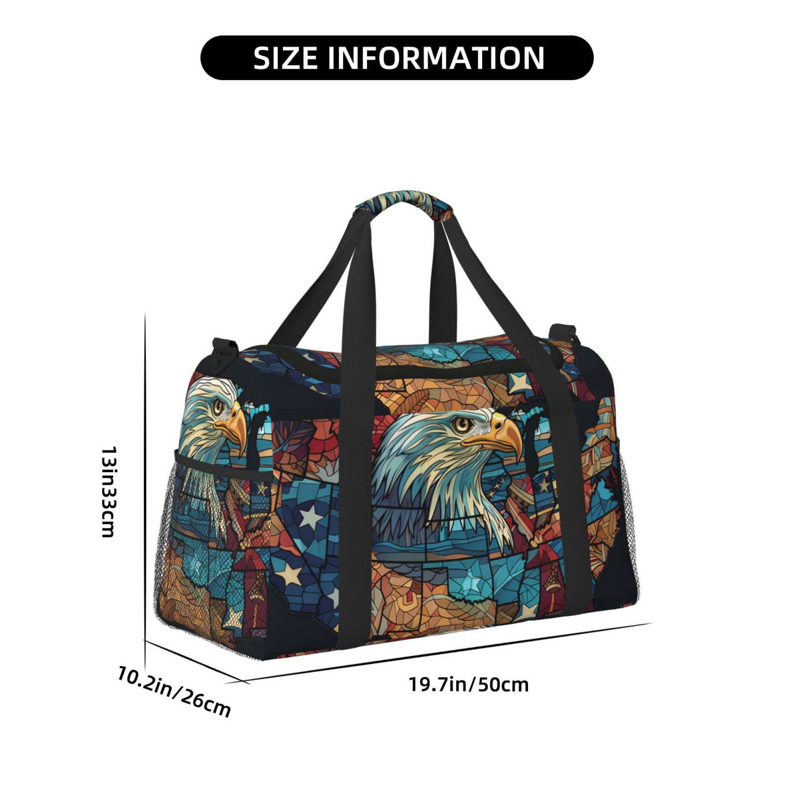Fuzoiu Stained Glass Eagle USA Print Travel Duffle Bag,Carry On Tote Bags,Duffel Bag,Sport Gym Bag, Hospital Bag for Labor and Delivery, Overnight Bag,Luggage Bag