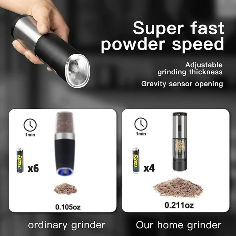  PwZzk Battery Operated Gravity Electric Salt And Pepper Grinder  Mill Set With White Light Stainless Steel One Hand Automatic Operation  Refillable With Adjustable Coarseness (Black&white,2 Pack): Home & Kitchen