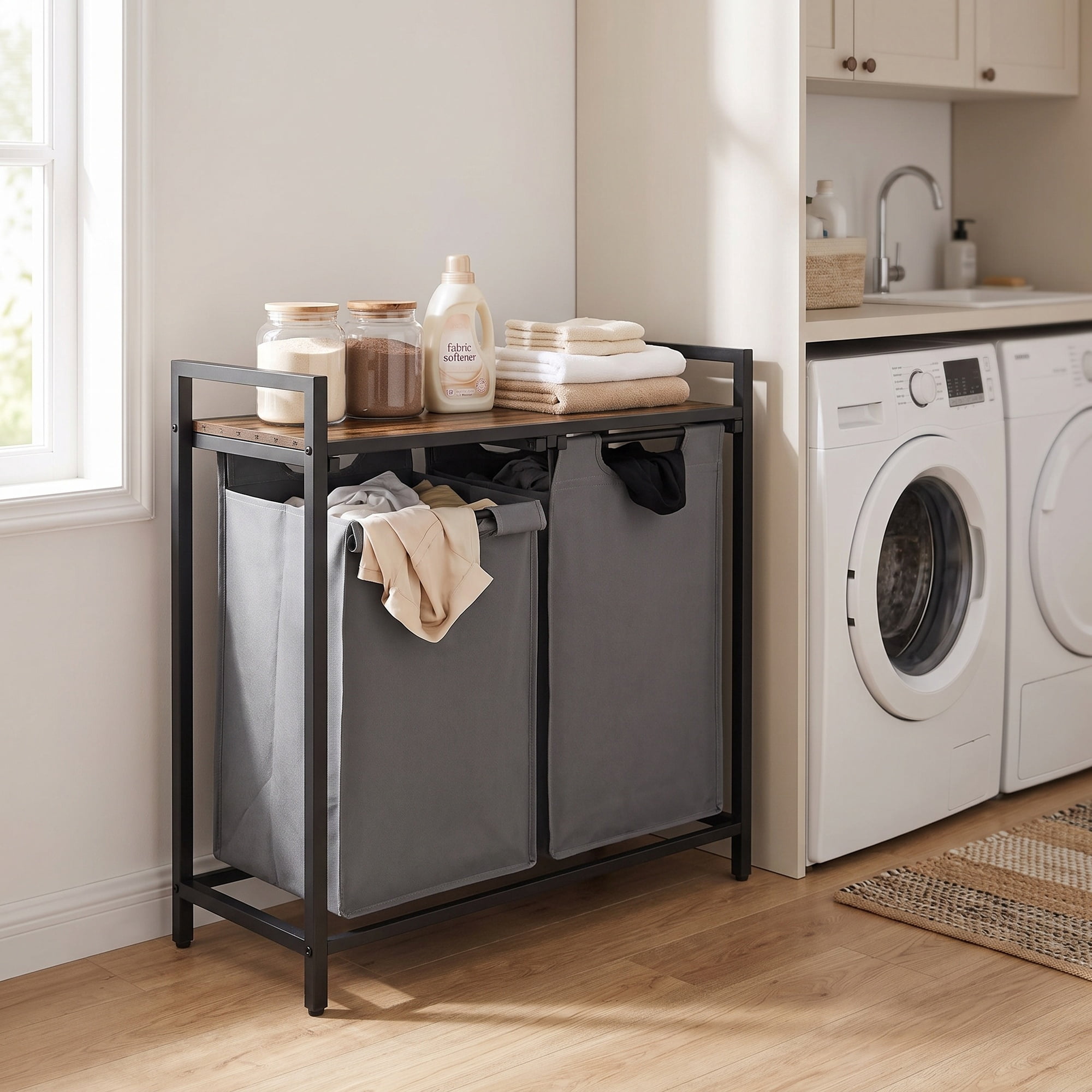 Ledrem Laundry Sorter Hamper with 2 Pull-Out Bags, Detergent Shelf, 2-Compartment, Rustic Brown/Gray