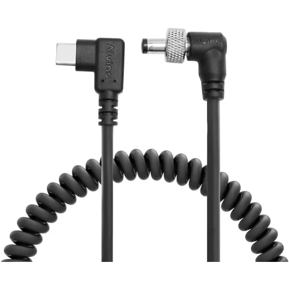 Alvin's Cables PD USB-C Type-C to Locking DC 12V Coiled Power Cable for Atomos Shogun, Blackmagic Video Assist, Hollyland Mars, Right Angle