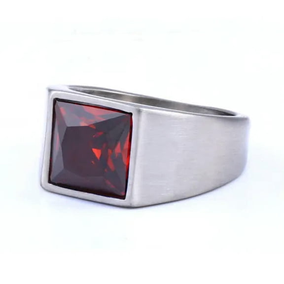HOOUN Square Red Zircon Wedding Ring Stainless Steel Men's Women's Silver Band Rings-7