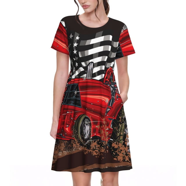 Bixox Robe d'Été à Manches Courtes pour Femmes Robe Ample Longueur Genou avec Poches-Tracteur