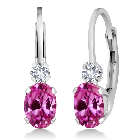 Gem Stone King 925 Sterling Silver Pink Created Sapphire and White Created Sapphire Leverback Earrings for Women (1.08 Cttw, Gemstone September Birthstone, Oval 6X4MM, Round 2MM, 3/4 inch)