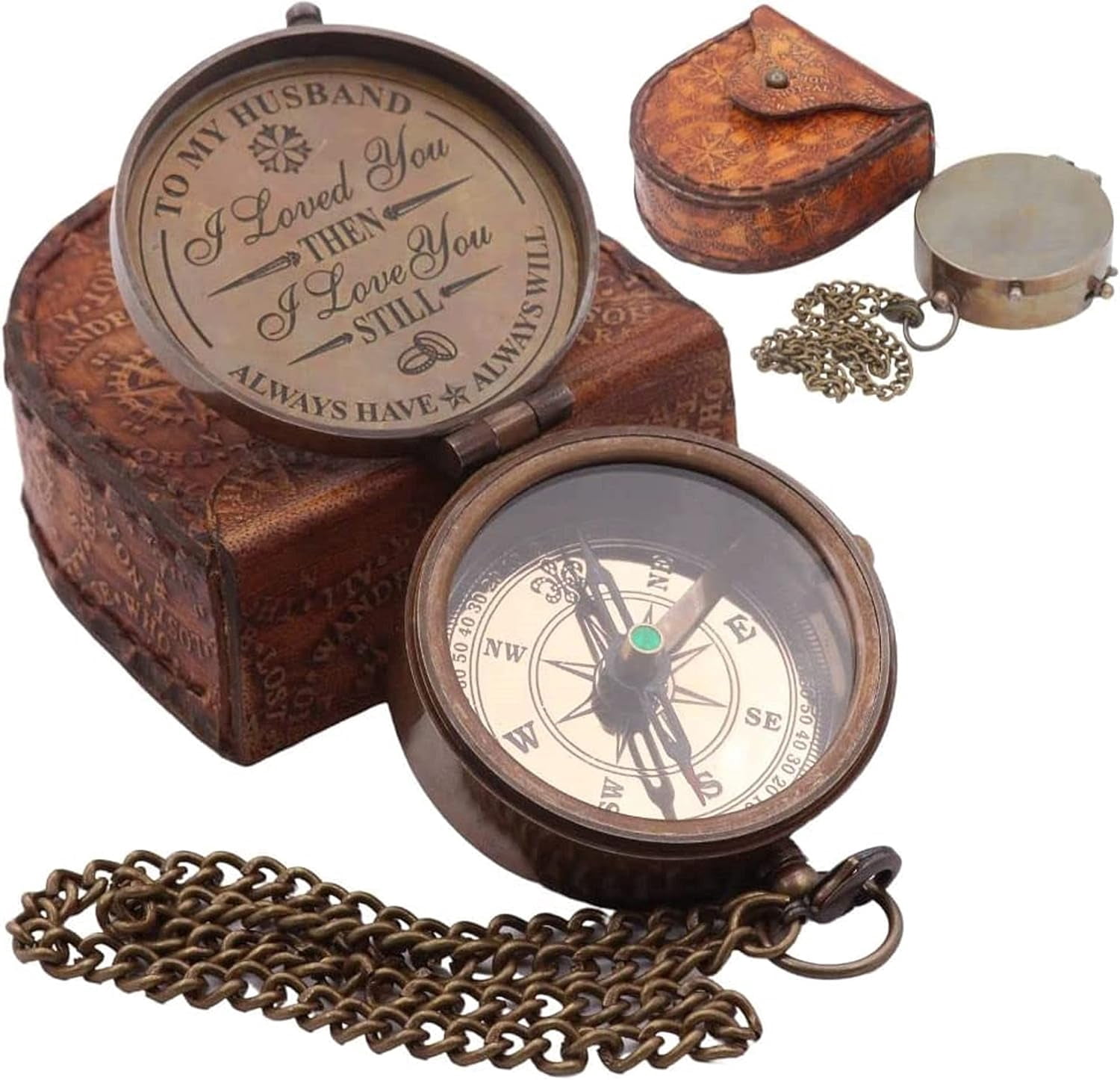 Maritime treasures to My Husband Solid Brass Compass with Leather Carry Case A Unique Gift to Your Fiancé, Boyfriend and Hubby Hiking Trekking Compass by DOLLOND LONDON1920
