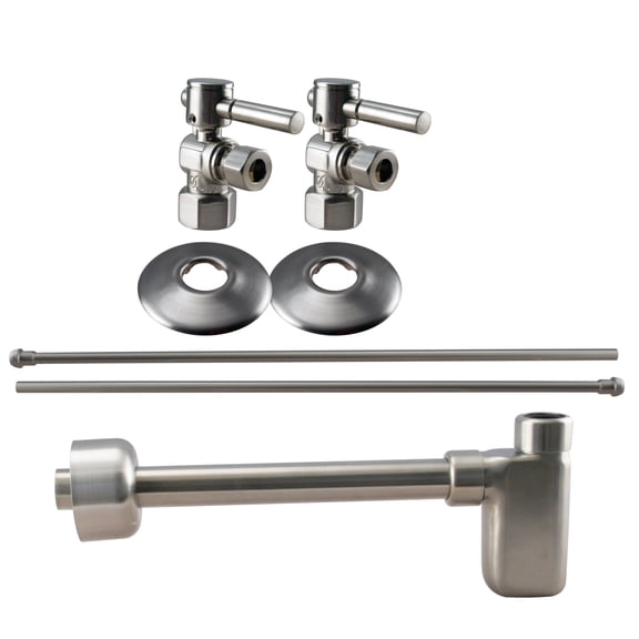 Westbrass Console Sink Trim Kit with European flat trap, Bullnose Lines and IPS Lever Handle Angle Stops, Satin Nickel