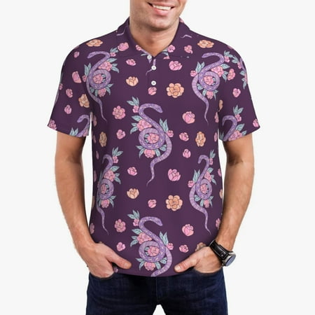 Logiee Snake And Flower Print Mens Polo Shirts Mens Golf Polo Shirts Short Sleeve Casual Polo Shirts for Men Summer Fashion Beach Shirts-Large