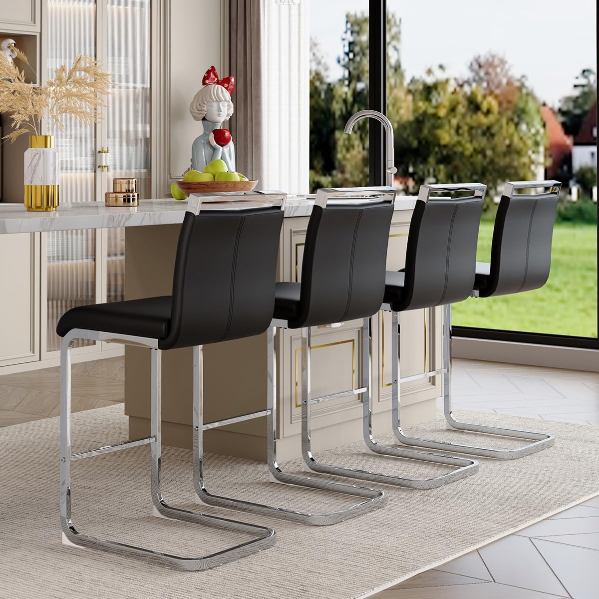 Lecut Bar Stools Set of 2,Counter Height Bar Stools with Back and Footrest,Modern Leather Counter Stools,Armless Dining Chairs for kitchen island,Pub,Bar,Black