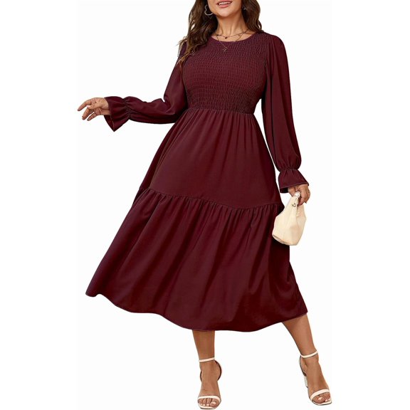Women's Plus Size Dress Long Sleeve Crewneck Smocked Tiered Flowy Boho Wedding Party Maxi Dresses