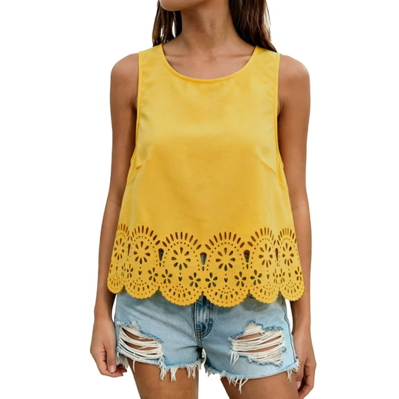 IWRICH Women's Scallop Trim Crop Tank Top Summer Keyhole Back Cropped Sleeveless Blouse Yellow XS