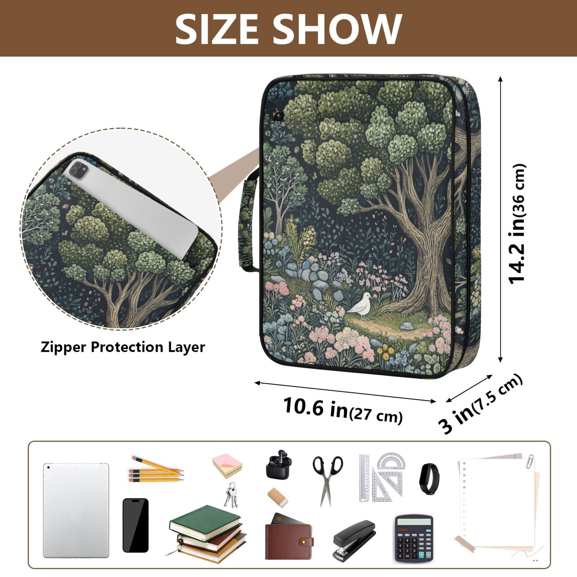 FORMRS Accordion File Folder A4 Size 7-Pocket Expanding Document Organizer Bag with 3 Ring Binder, Green Forest Scene