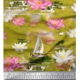 thumbnail image 1 of Soimoi Green Silk Fabric Yacht & Lotus Flower Print Fabric by The Yard 42 Inch Wide, 1 of 1