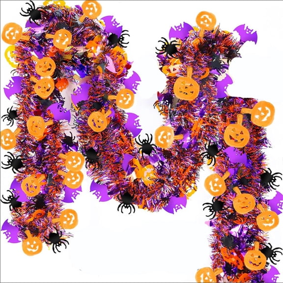Halloween Garland 80 Inch Tinsel Decor with Orange Pumpkins Black Spiders Purple Bats Halloween Decorations Indoor Outdoor Halloween Party Decor for Home Mantel Porch Wall 1 Pack