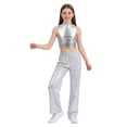 thumbnail image 4 of AOCHANG Girls Shiny Sequin Pants Dance Outfit with Mock Neck Metallic Crop Tops Jazz Hip Hop Disco Dancewear Silver 10, 4 of 6
