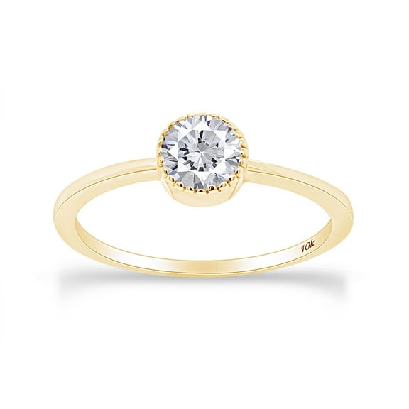 AFFY Round Shape White Cubic Zirconia Fashion Solitaire Engagement Ring In 10k Solid Yellow Gold Ring Size-8
