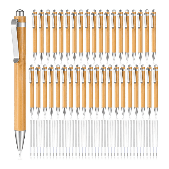 40 Pcs Pens, Bamboo Retractable Ballpoint Pen Black Ink 1mm Wooden Pens with 40 Pcs Replacement Refill