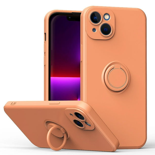Funda de color sencillo para iPhone 14 Plus con soporte de anillo, placa metálica para carga magnética, diseño antigolpes y soporte giratorio de 360 grados.