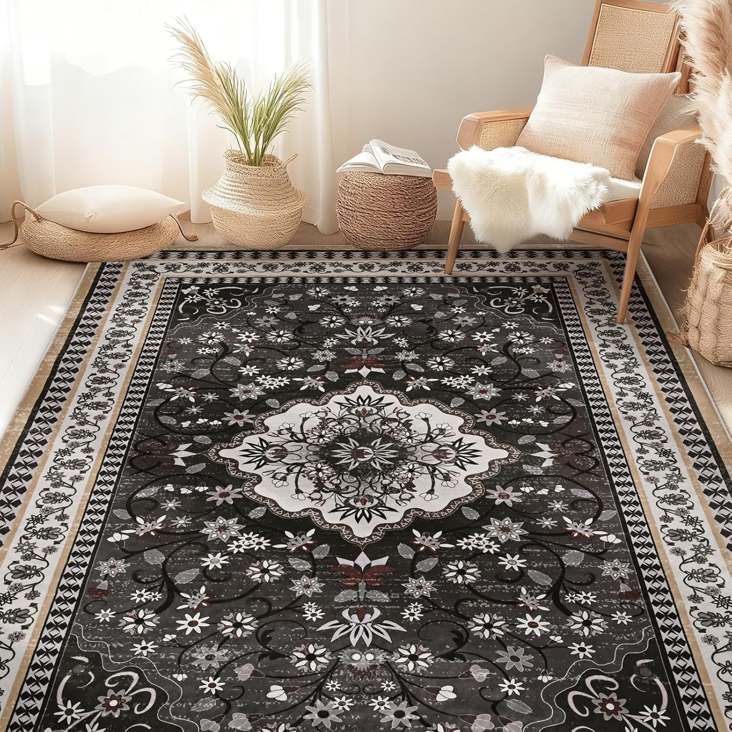 Bleum Cade Large Area Rug for Living Room, 5x7 Machine Washable Boho Rug for Bedroom, Soft Low Pile Non Slip Boho Dining Room Rug, Floral Vintage Floor Carpet for Bedroom Home Office,Black