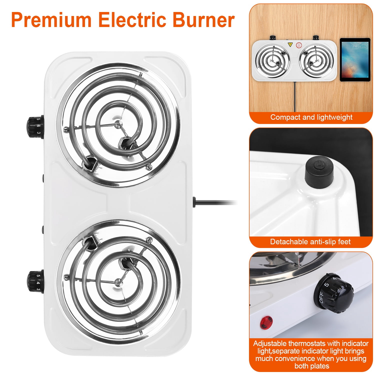 Moclever 2000W Double Burner Electric Hot Plate, Portable Coil Stove with 5 Temperature Settings, Non-Slip Feet for Countertop RV Dorm, White