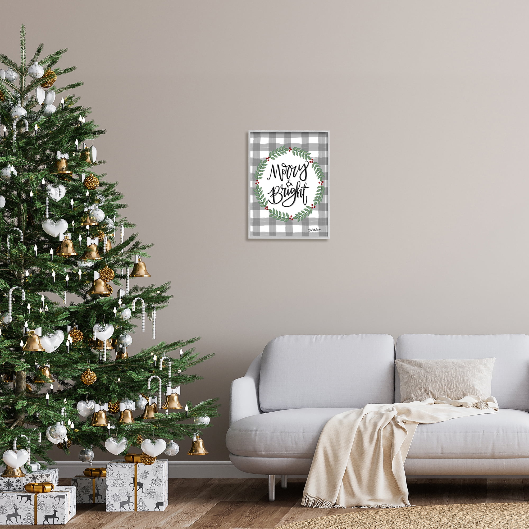 Merry & Bright Gingham Christmas Calligraphy Design Inspirational Graphic Art Framed Art Print Wall Art