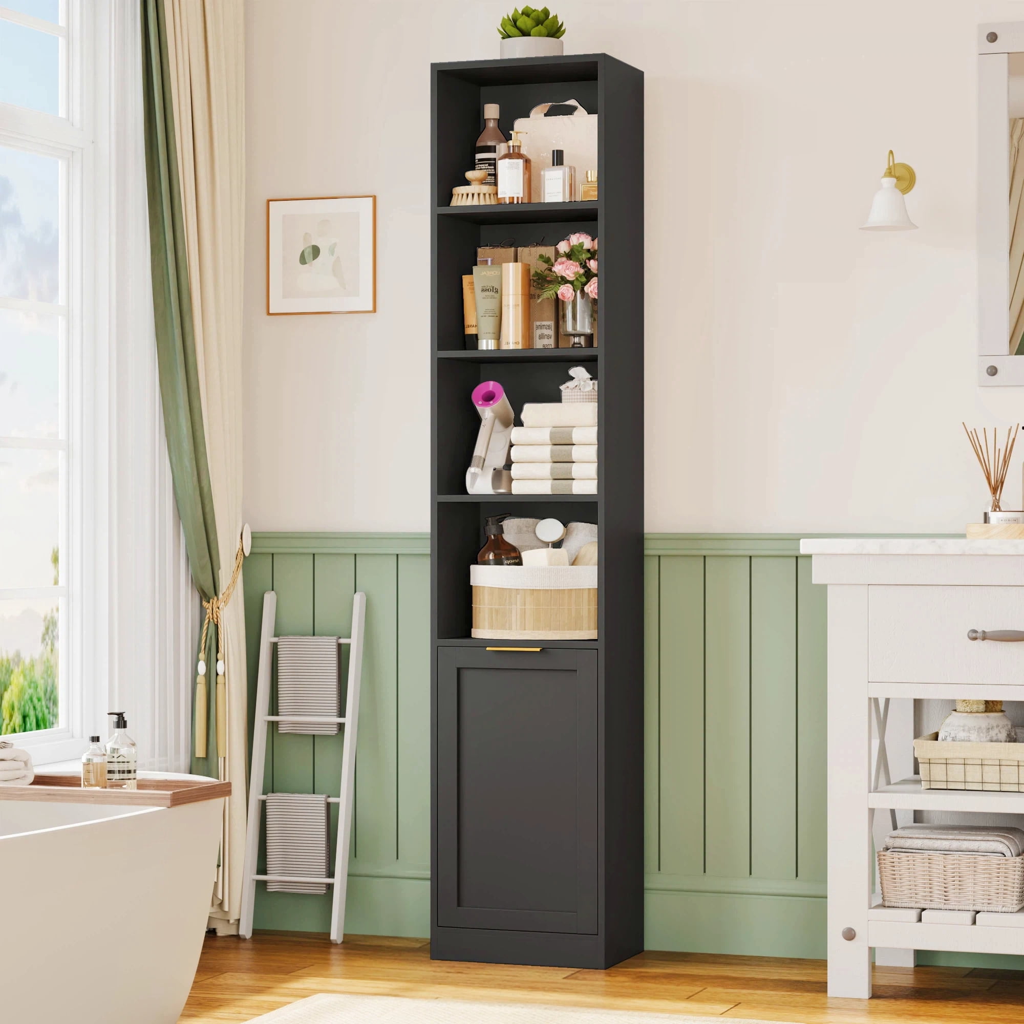 Hiphuta 73.5" Tall Bathroom Storage Cabinets with Adjustable Shelves, 6-Tier Narrow Cabinet, Bathroom Storage Tower for Small Spaces, Black