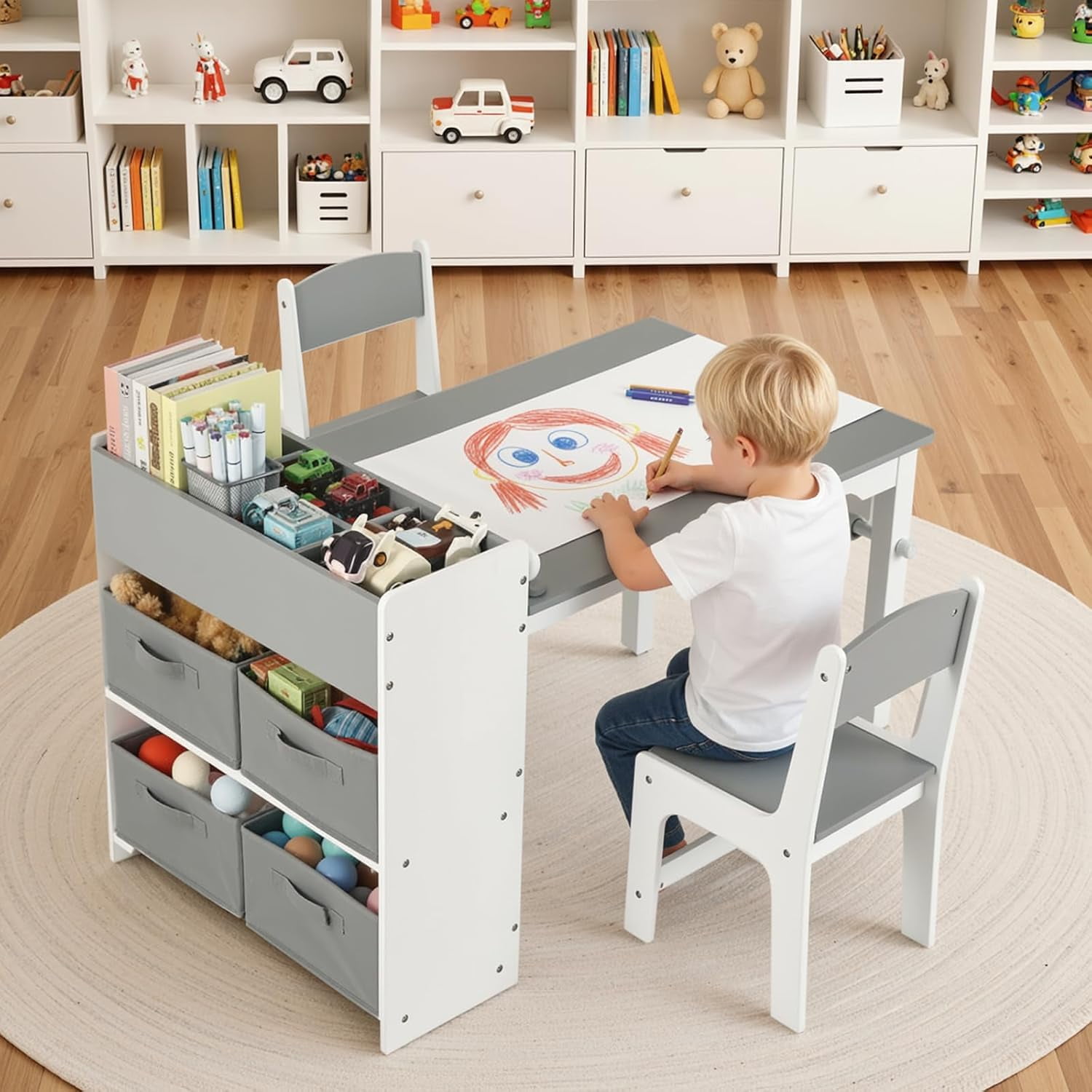 LAZY BUDDY Kids Art Table & Chairs Set, Wooden Toddler Activity Table Set with Storage Bins, Storage Shelves and Paper Roll for Playroom, Daycare