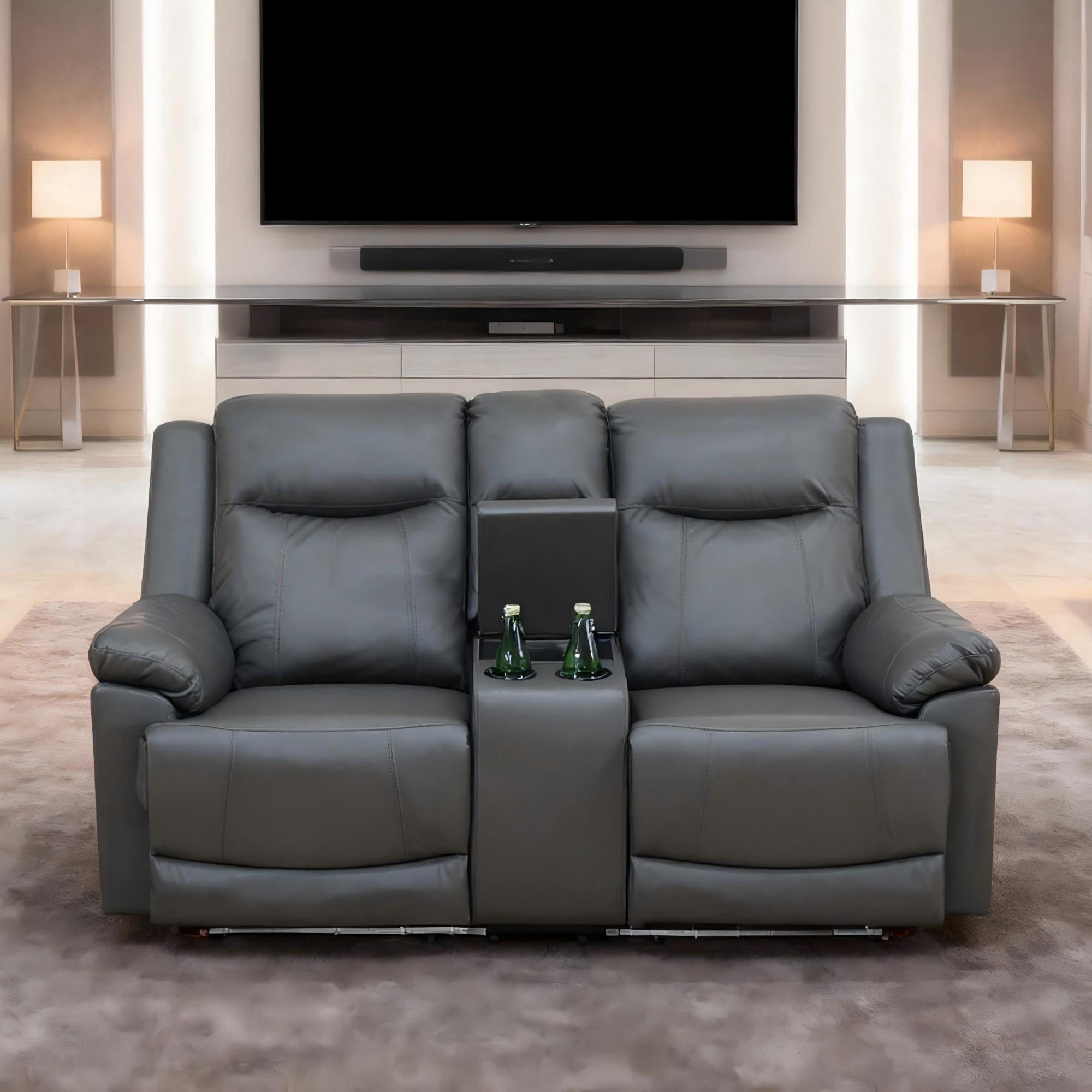 Gewnee Silver Gray Loveseat with Console & Cup Holders, Air Leather & High-Elastic Sponge, Adjustable Recline, Perfect for Living Rooms（Power Recliner ）