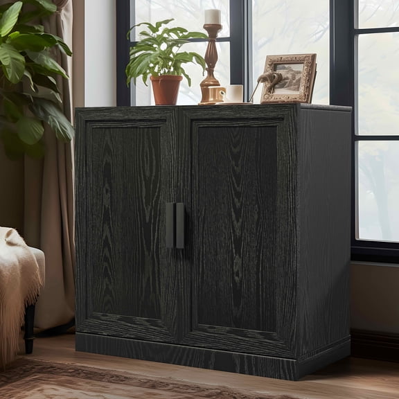 MAYEERTY 31x31x16 Inch Black Wood Grain Storage Cabinet with Solid Wood Door for Living Room