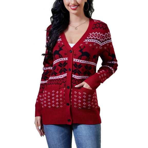 GymChoice Women's Christmas Cardigans,Button Down Open Front Knit Pullover Holiday Vacation Long Sleeve Cardigan Sweaters