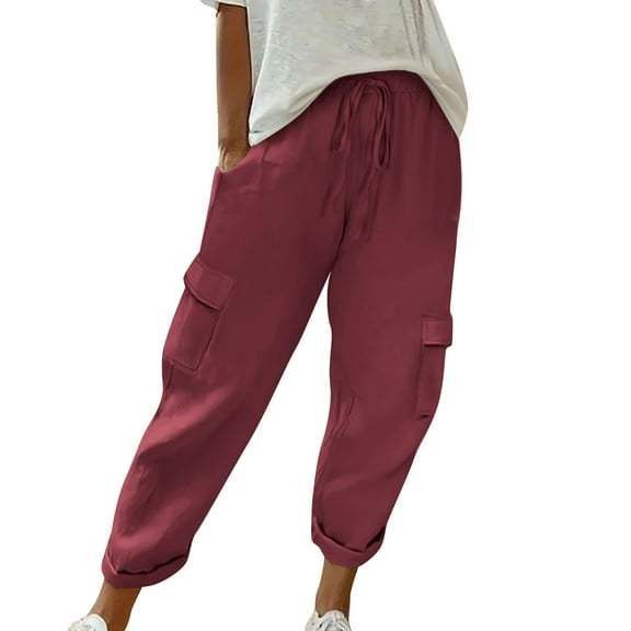 MXUIKV Linen Pants for Women Lightweight Cozy Loose Fitted Pants with Multi Pockets Travel Beach Cargo Pants