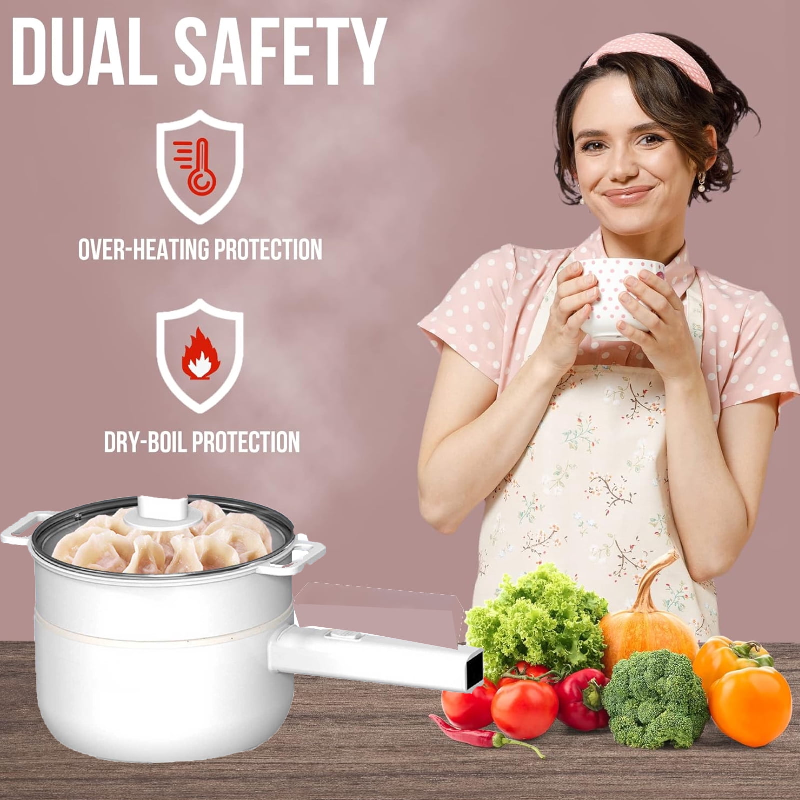 Electric Hot Pot with Steamer, 2L Ceramic Glaze Non-stick Mini Electric Pot, Portable Electric Hot Pot for for Steak, Egg, Fried Rice, Ramen, Oatmeal, Soup with Dual Power Control,White