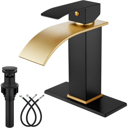 Bathroom Faucet with Waterfall Spout Single Hole or 3-Hole Deck Mount 304 Stainless Steel with Pop-Up Drain RV Vanity Compatible Brushed Gold Spout Matte Black