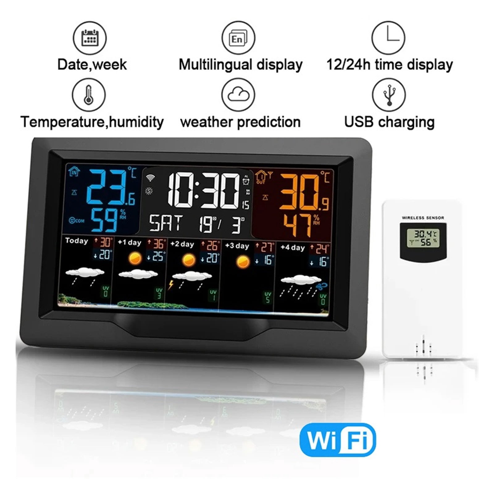 WIFI Smart Weather Station Color Screen APP Control Weather Alarm Clock Indoor and Outdoor