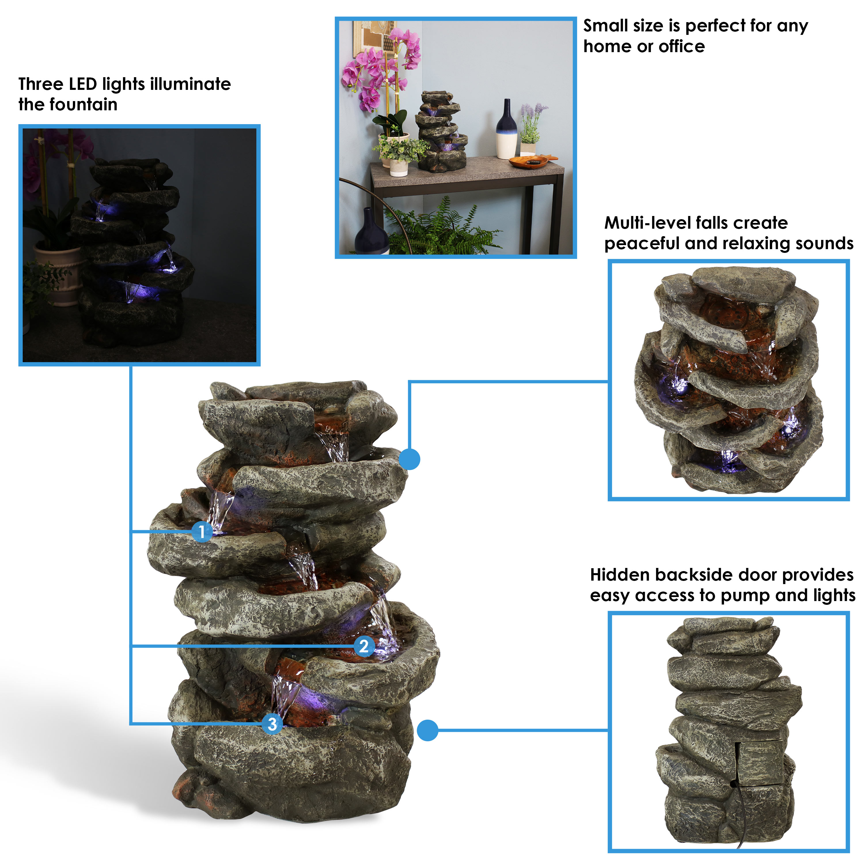 Sunnydaze Indoor Home Office Relaxing 6-Tiered Stone Falls Tabletop Water  Fountain with LED Lights 15