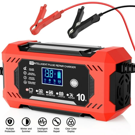 Automatic Battery Charger, 12V/10A Car Battery Charger with Digital Display Screen, Touch Screen Trickle Charger w/ Temperature Compensation Auto Stop,Multimodal Battery Maintainer for Car Motorcycle