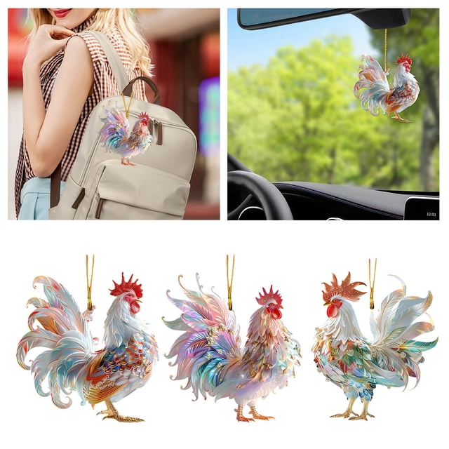 Cute Rooster Keychain Pendant Holiday Car Interior Keychain Pendant Backpack Pendant Hanging Window Christmas Decorations round Stained Glass Window Panel Rear View Swinging Animal Stained Glass for