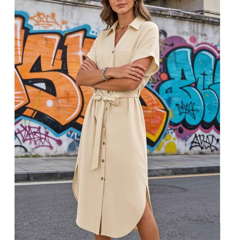 short sleeve belted midi dress Short Sleeve Belted A Line Midi Dress | Dresses & Jumpsuits