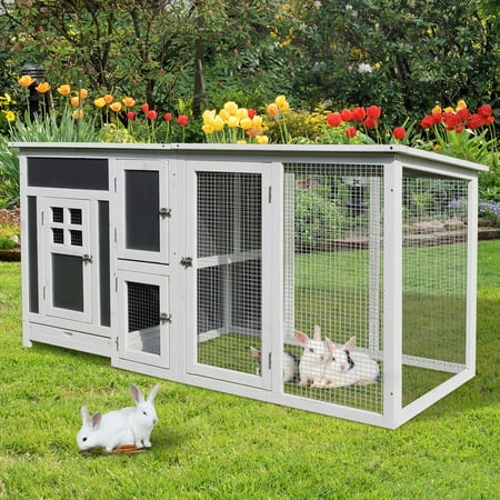 32” Wood Large Indoor Outdoor Rabbit Hutch with Run - Grey and