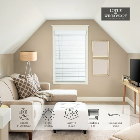 Lotus & Windoware Cordless 2 Faux Wood Room Darkening Horizontal Blind, 28 W x 60 L, Bright White, Embossed