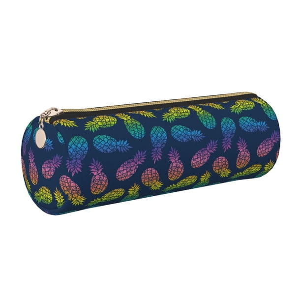Disketp Abstract Bright Pineapple Fruit Retro Estuche Organizador de Lápices de Cuero, Estuche de Oficina con Cremallera para Bolígrafo y Lápiz